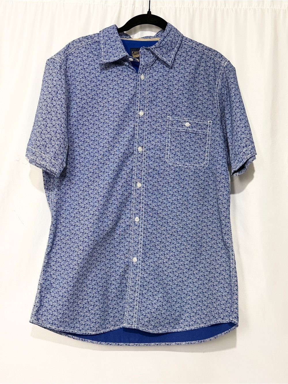 NWT Cremieux Premium Denim Shirt Mens L Blue Micro Print Short Sleeve